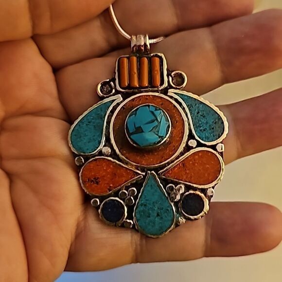 Coral/Turquoise Pendant with chain 20" - Picture 4 of 4